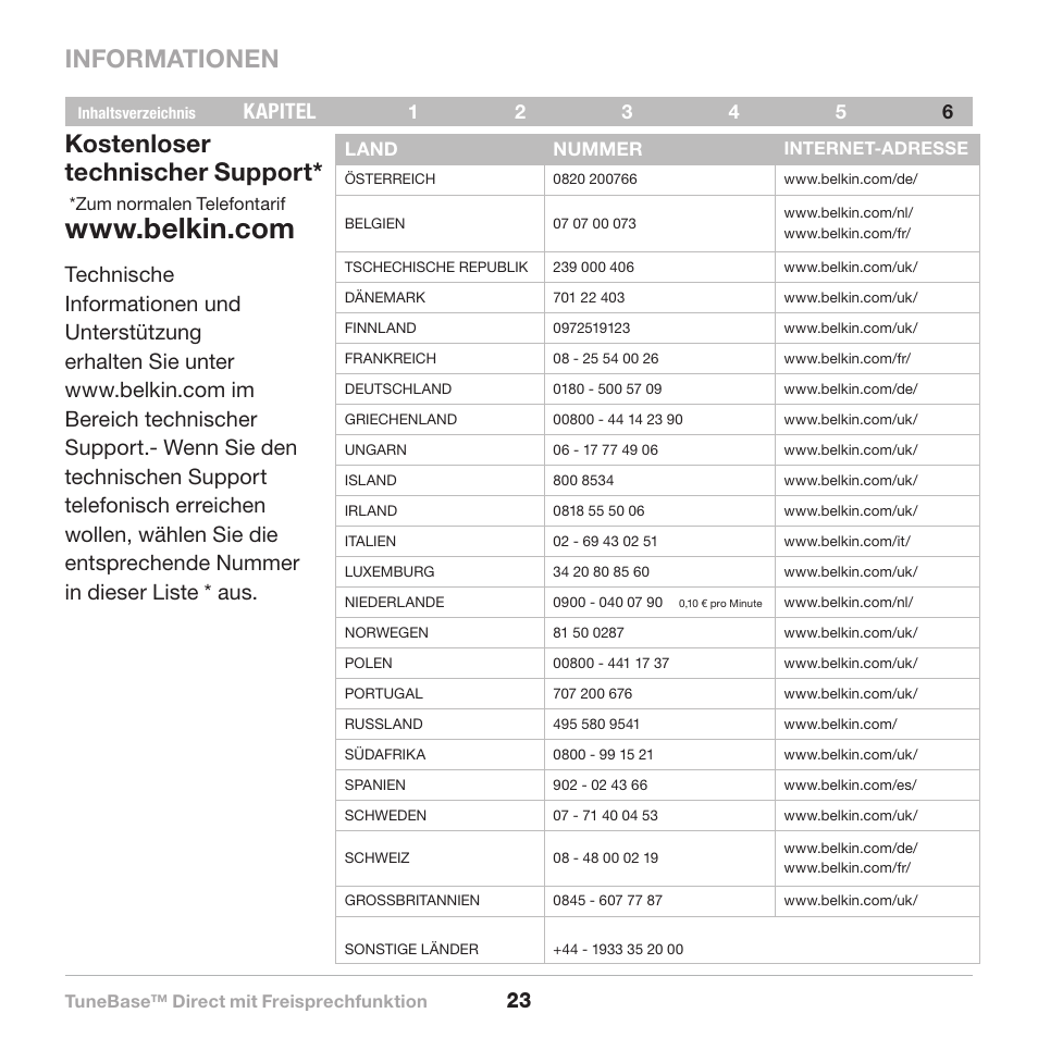 Informationen, Kostenloser technischer support, 23 kapitel | Belkin Belkine TuneBase Direct with Hands-Free 8820-00110ea User Manual | Page 79 / 162