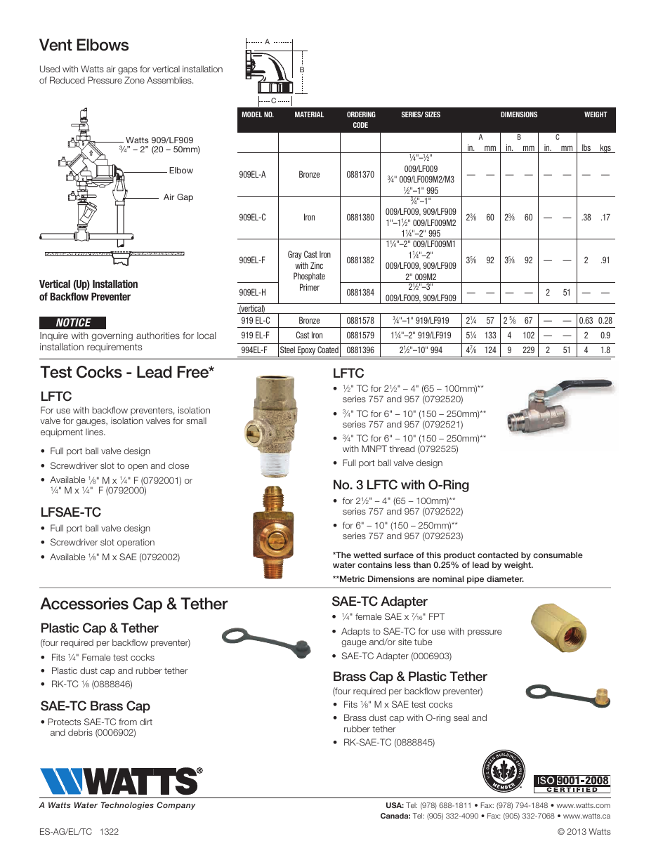 Vent el bows, Test cocks - lead free, Accessories cap & tether | Lftc, Lfsae-tc, Plastic cap & tether, Sae-tc brass cap, Brass cap & plastic tether, No. 3 lftc with o-ring, Sae-tc adapter | Watts Vent Elbows User Manual | Page 2 / 2