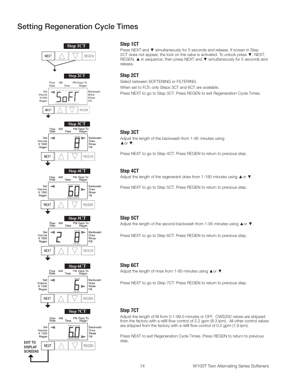 Setting regeneration cycle times, Step 1ct, Step 3ct | Step 4ct, Step 5ct, Step 6ct, Step 7ct, Step 2ct | Watts W100T Twin Alternating Series User Manual | Page 14 / 48