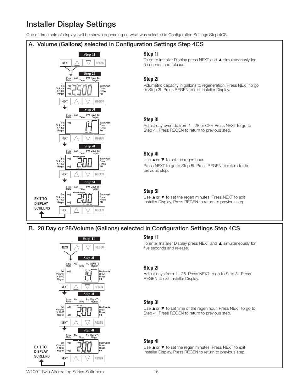 Installer display settings | Watts W100T Twin Alternating Series User Manual | Page 15 / 48