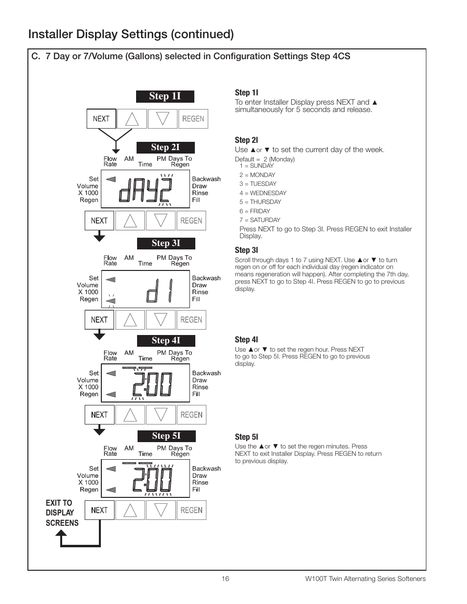 Installer display settings (continued), Step 1i, Step 2i step 3i | Step 4i step 5i | Watts W100T Twin Alternating Series User Manual | Page 16 / 48