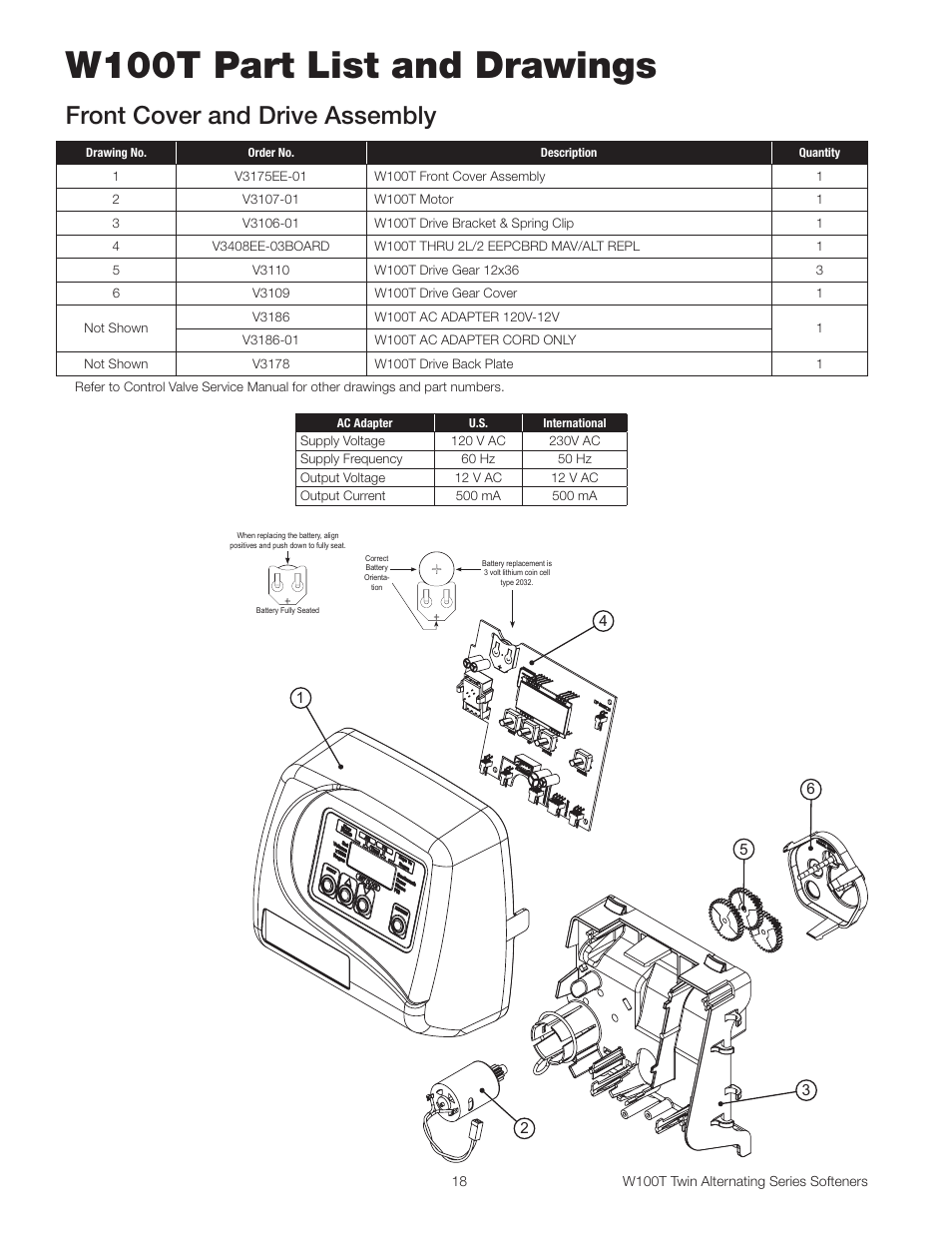 W100t part list and drawings, Front cover and drive assembly | Watts W100T Twin Alternating Series User Manual | Page 18 / 48