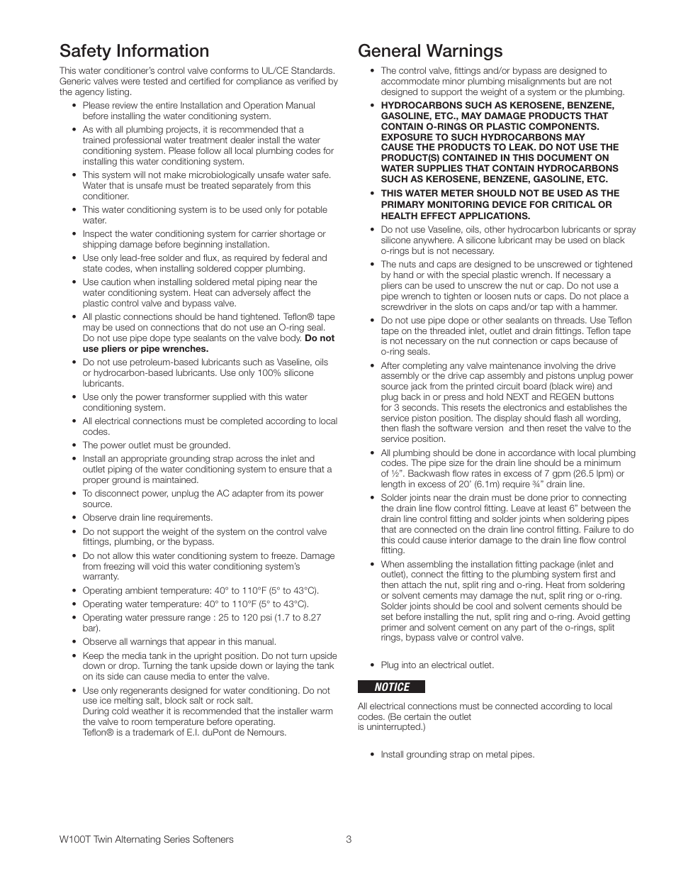 Safety information, General warnings | Watts W100T Twin Alternating Series User Manual | Page 3 / 48