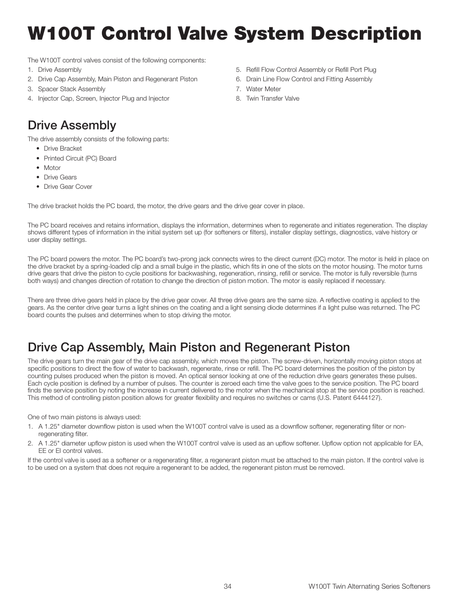 W100t control valve system description, Drive assembly | Watts W100T Twin Alternating Series User Manual | Page 34 / 48