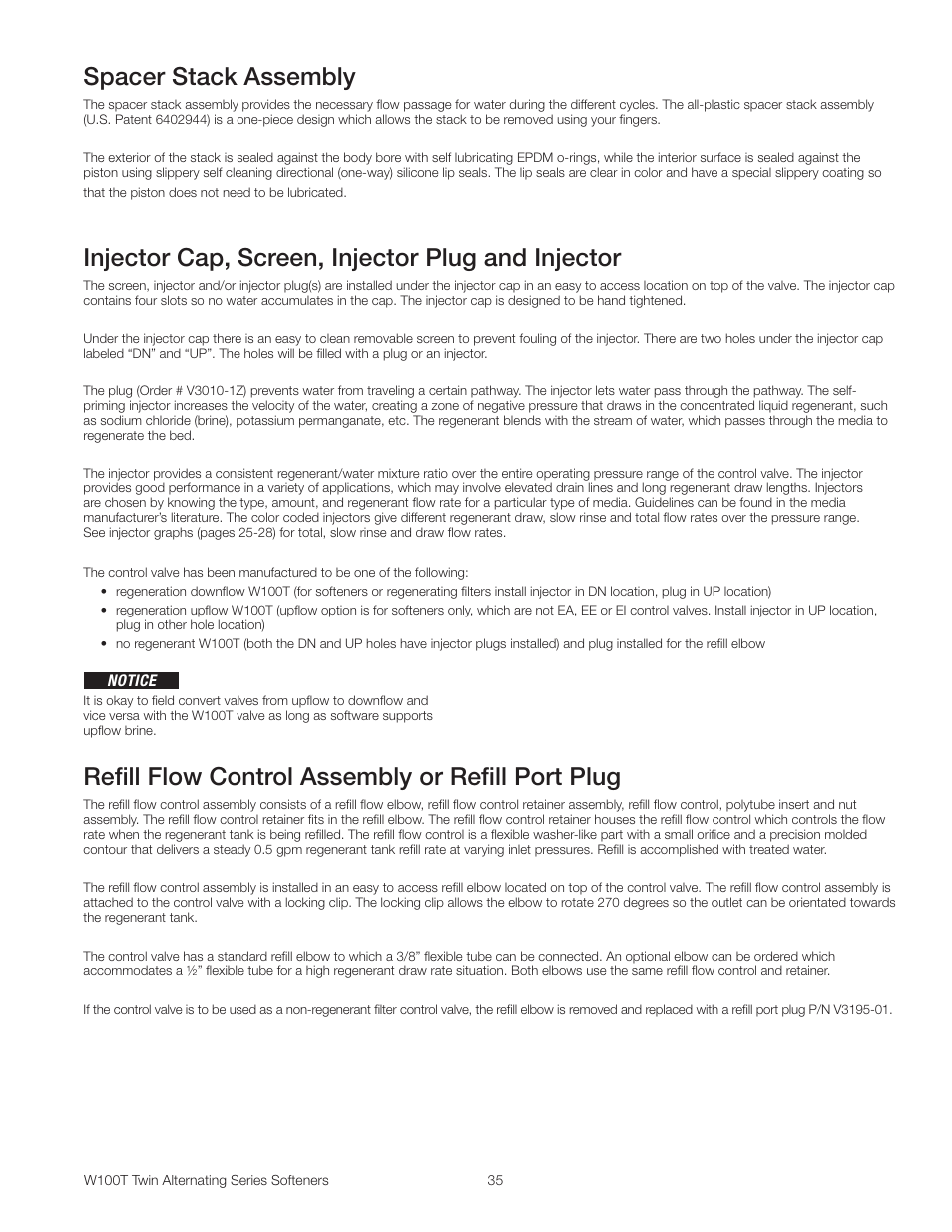 Spacer stack assembly, Injector cap, screen, injector plug and injector, Refill flow control assembly or refill port plug | Watts W100T Twin Alternating Series User Manual | Page 35 / 48