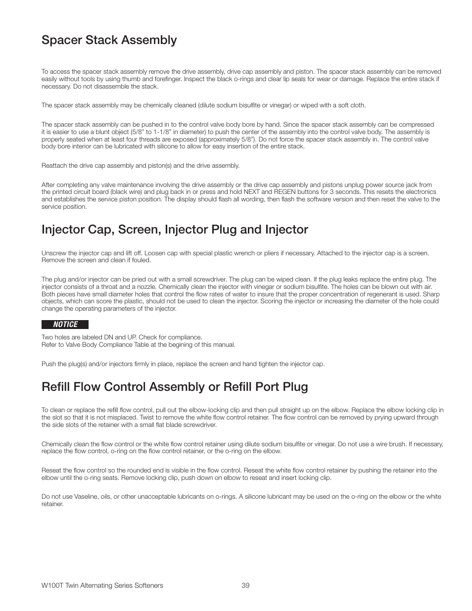 Spacer stack assembly, Injector cap, screen, injector plug and injector, Refill flow control assembly or refill port plug | Watts W100T Twin Alternating Series User Manual | Page 39 / 48