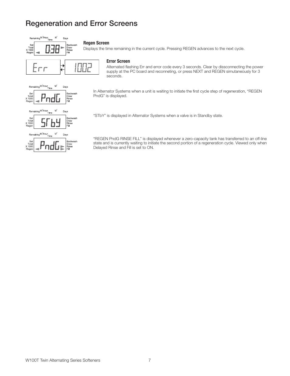 Regeneration and error screens | Watts W100T Twin Alternating Series User Manual | Page 7 / 48