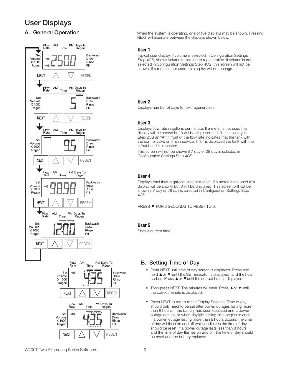 User displays, B. setting time of day, A. general operation | Watts W100T Twin Alternating Series User Manual | Page 9 / 48