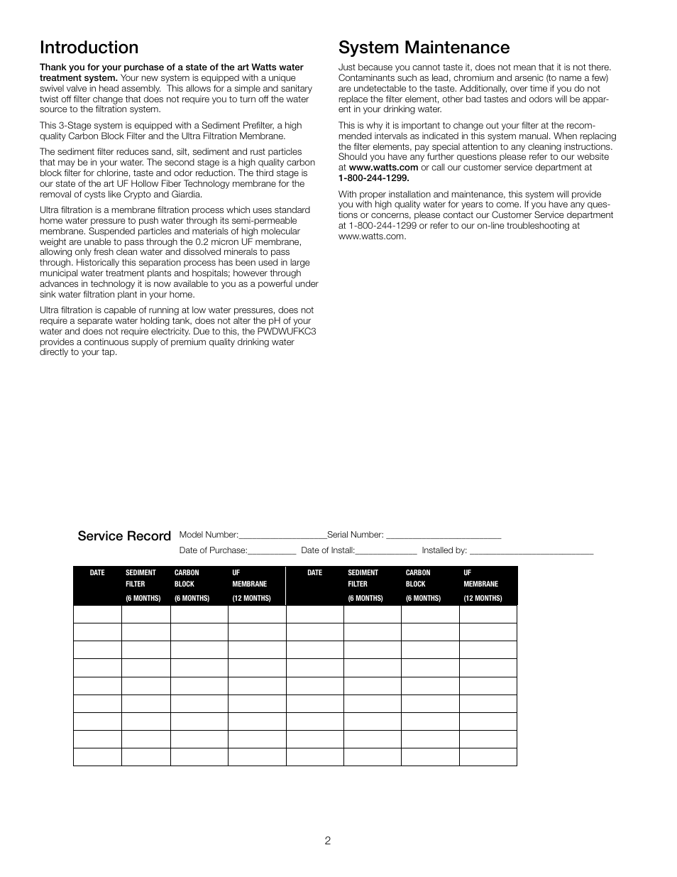 Introduction, System maintenance, Service record | Watts PWDWUFKC3 User Manual | Page 2 / 8