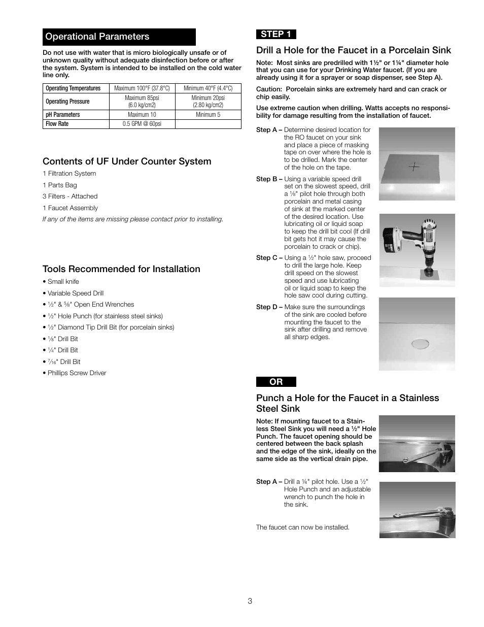 Operational parameters, Contents of uf under counter system, Tools recommended for installation | Drill a hole for the faucet in a porcelain sink, Step 1 | Watts PWDWUFKC3 User Manual | Page 3 / 8
