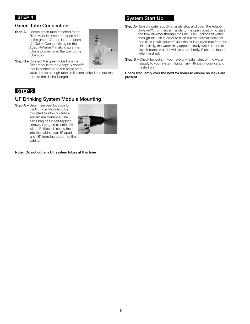 System start up, Green tube connection, Uf drinking system module mounting | Step 4, Step 5 | Watts PWDWUFKC3 User Manual | Page 6 / 8