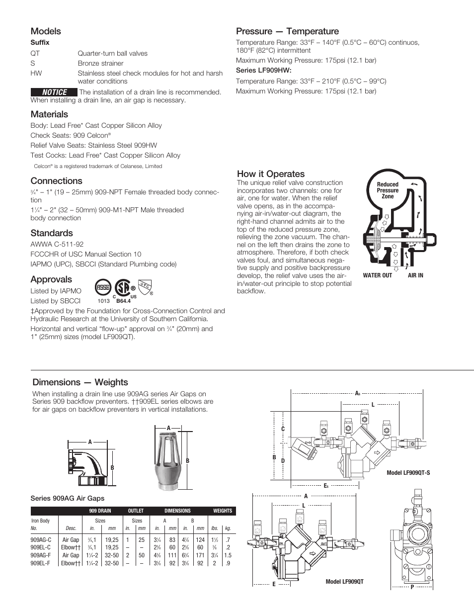 Models, Materials, Connections | Standards, Approvals, Pressure — temperature, Dimensions — weights, How it operates, Notice | Watts LF909 User Manual | Page 2 / 4