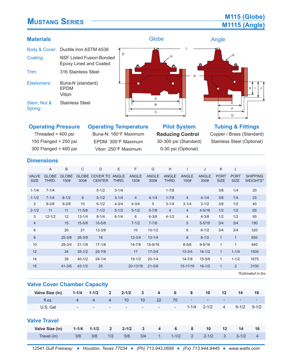 Ustang, Eries, Materials | Globe angle, Valve cover chamber capacity, Viton, Reducing control | Watts M1115 User Manual | Page 2 / 7