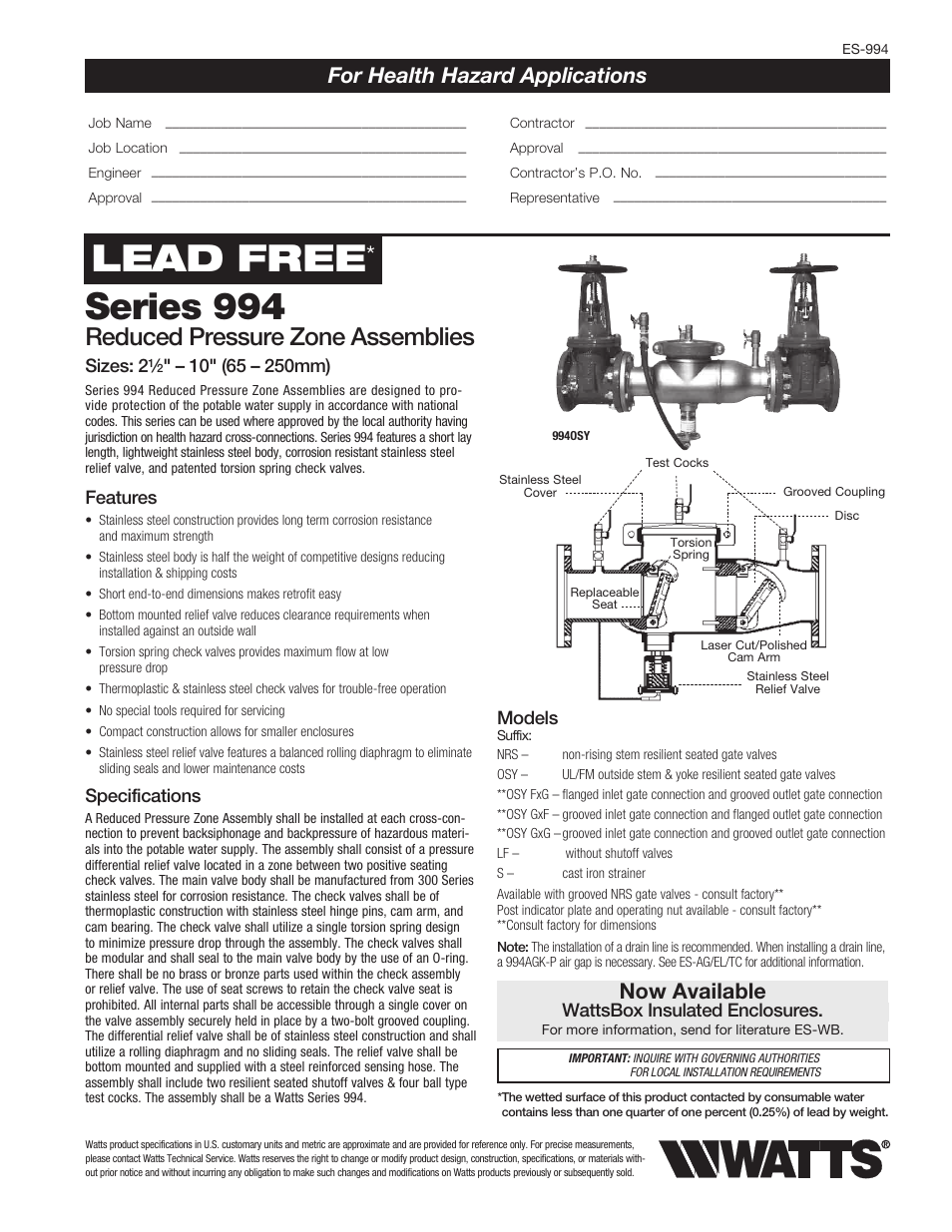 Watts 994 User Manual | 2 pages