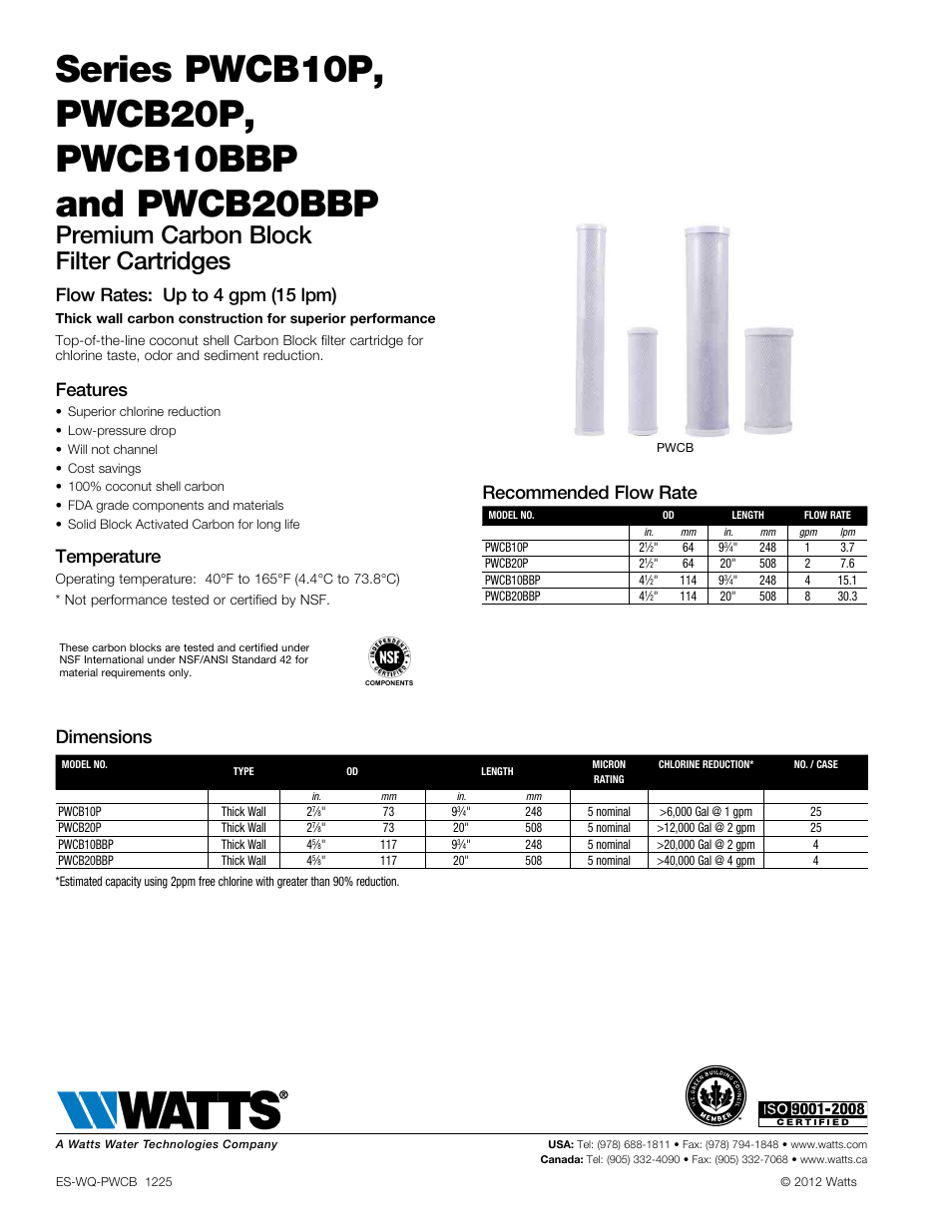 Premium carbon block filter cartridges, Flow rates: up to 4 gpm (15 lpm), Features | Temperature, Dimensions, Recommended flow rate | Watts PWCB BBP User Manual | Page 2 / 2
