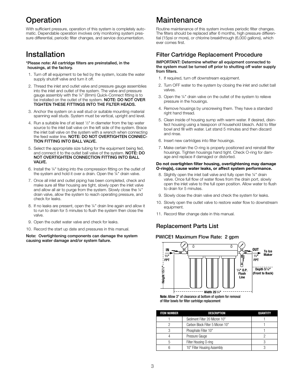 Operation, Installation, Maintenance | Filter cartridge replacement procedure, Replacement parts list | Watts PWICE1 User Manual | Page 3 / 4