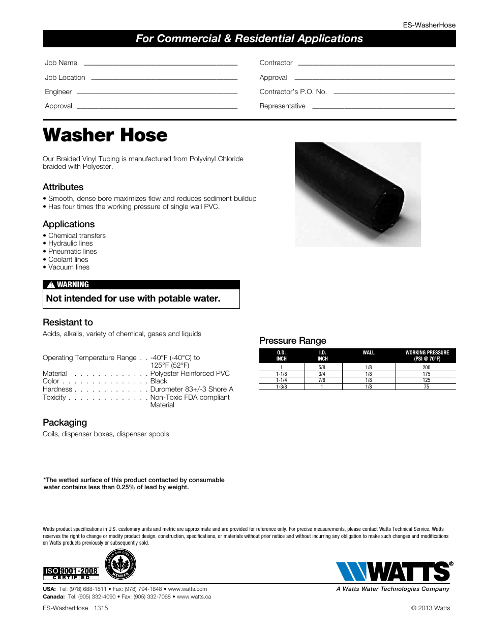 Watts Washer Hose - Reels User Manual | 1 page