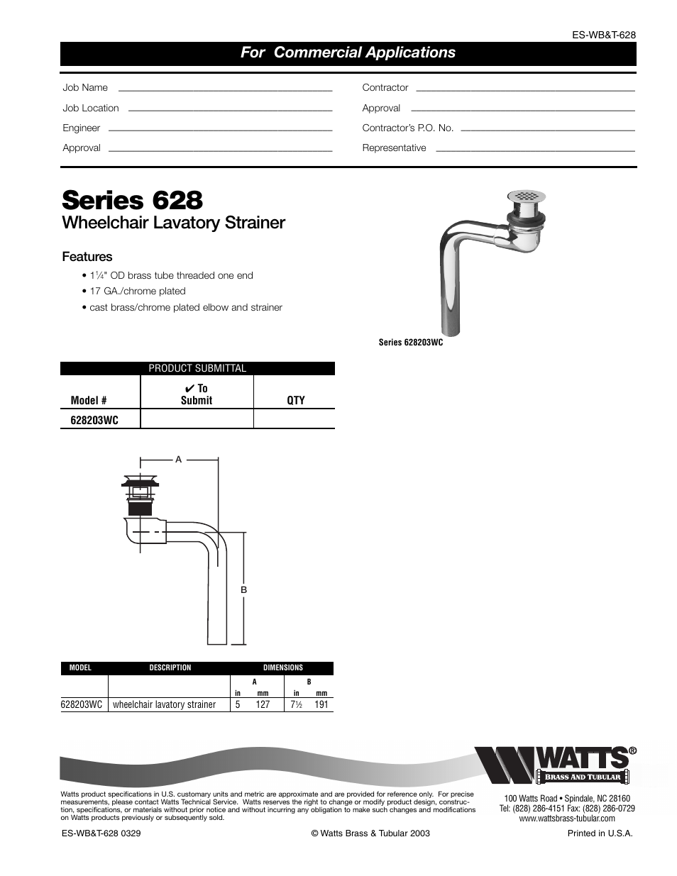 Watts 628 203WC User Manual | 1 page