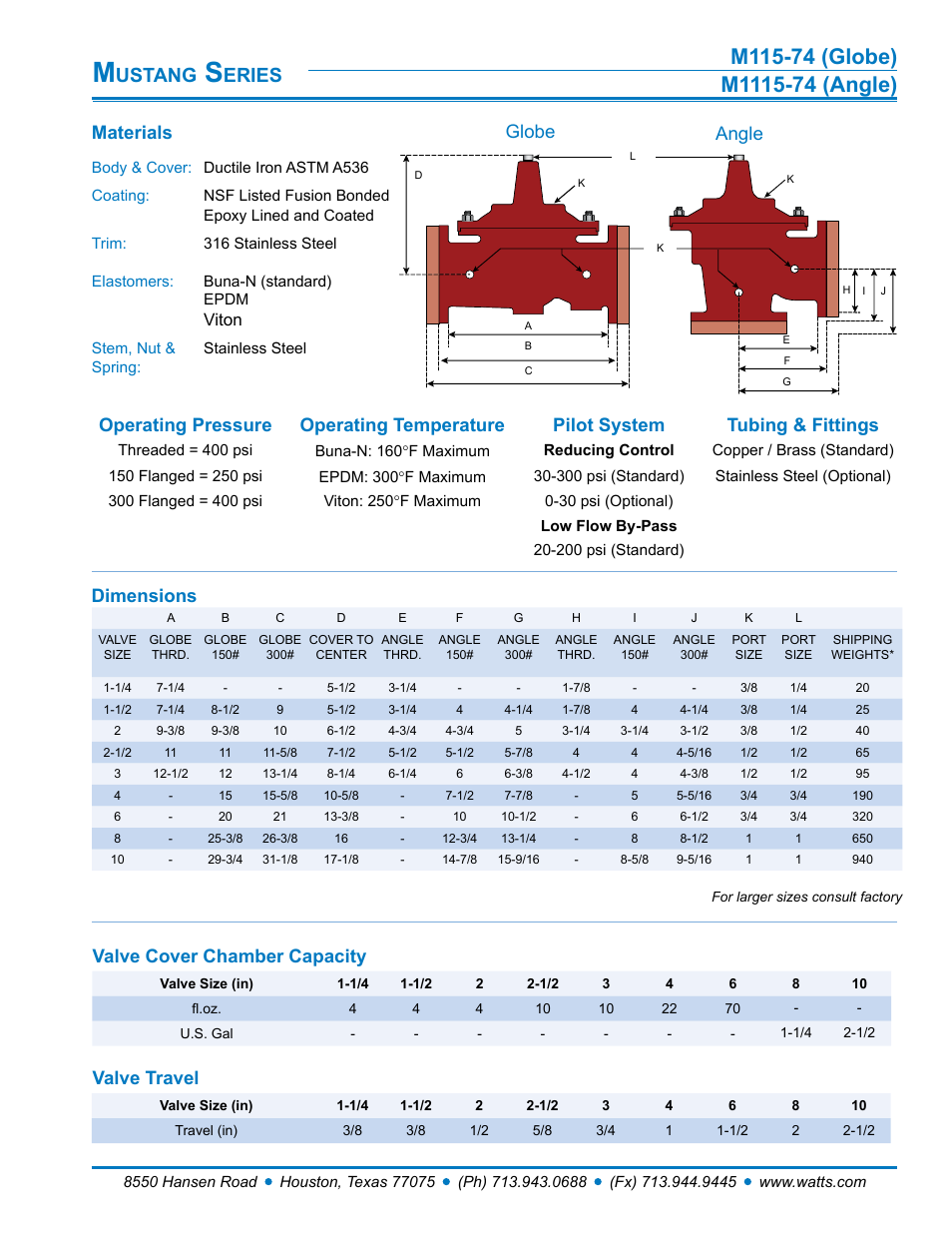 Ustang, Eries, Materials | Globe angle, Valve cover chamber capacity, Valve travel, Dimensions, Viton | Watts M1115-74 User Manual | Page 2 / 7