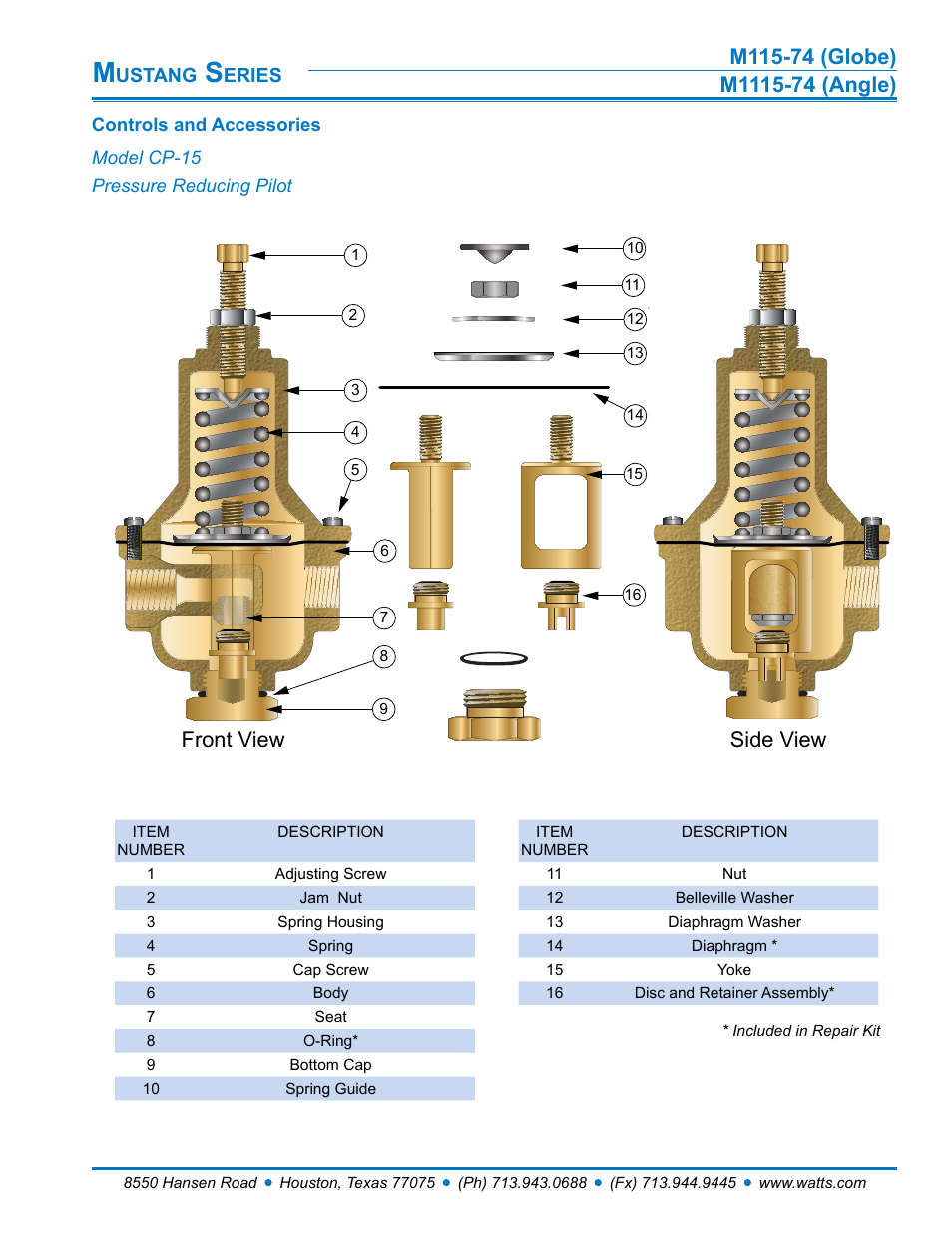 Front view side view | Watts M1115-74 User Manual | Page 5 / 7