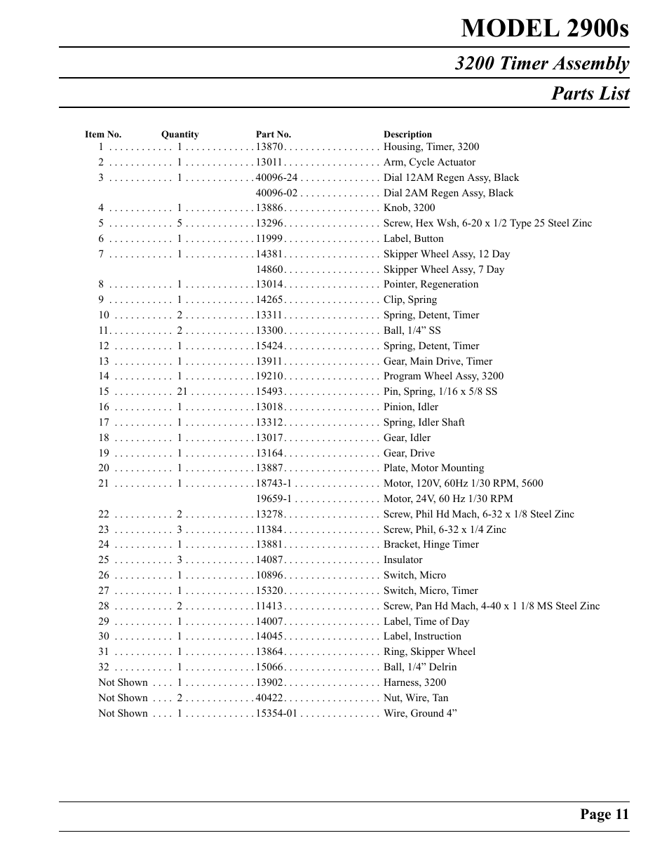 Model 2900s, 3200 timer assembly parts list | Watts Fleck 2900 Brass Valve User Manual | Page 11 / 60
