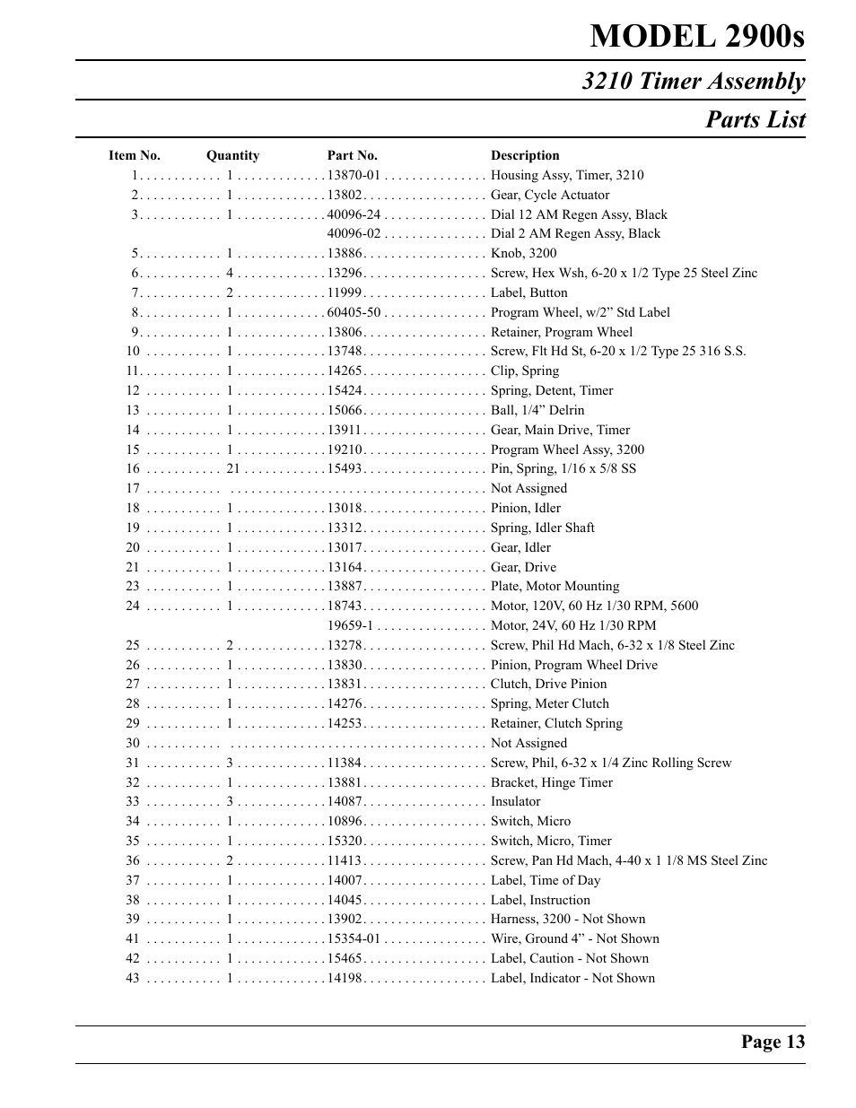 Model 2900s, 3210 timer assembly parts list | Watts Fleck 2900 Brass Valve User Manual | Page 13 / 60