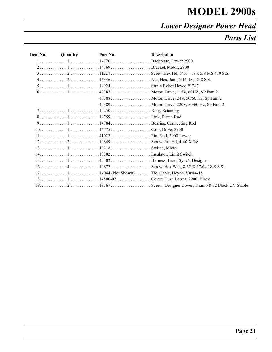 Model 2900s, Lower designer power head parts list | Watts Fleck 2900 Brass Valve User Manual | Page 21 / 60