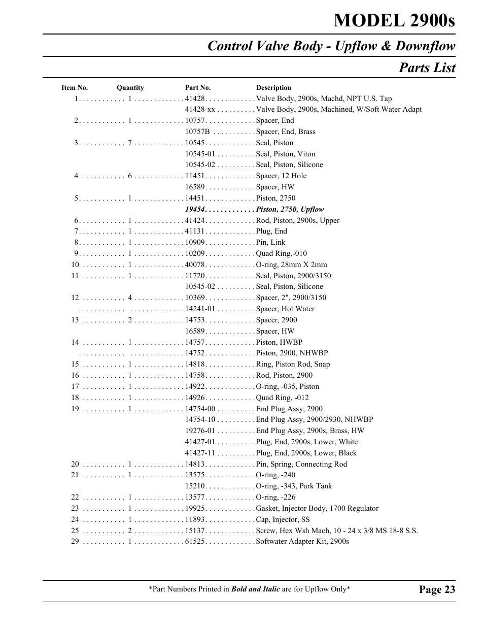 Model 2900s, Control valve body - upflow & downflow parts list, Page 23 | Watts Fleck 2900 Brass Valve User Manual | Page 23 / 60