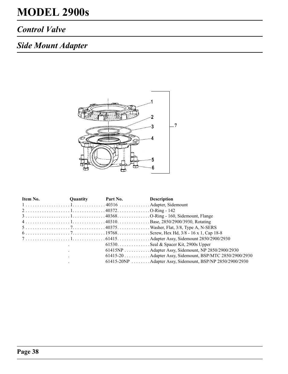 Model 2900s, Control valve side mount adapter | Watts Fleck 2900 Brass Valve User Manual | Page 38 / 60