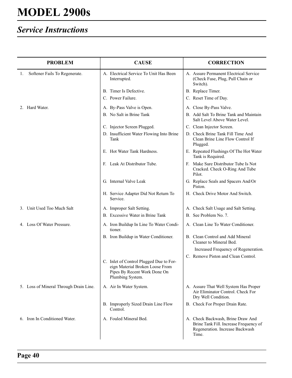 Model 2900s, Service instructions, Page 40 | Watts Fleck 2900 Brass Valve User Manual | Page 40 / 60