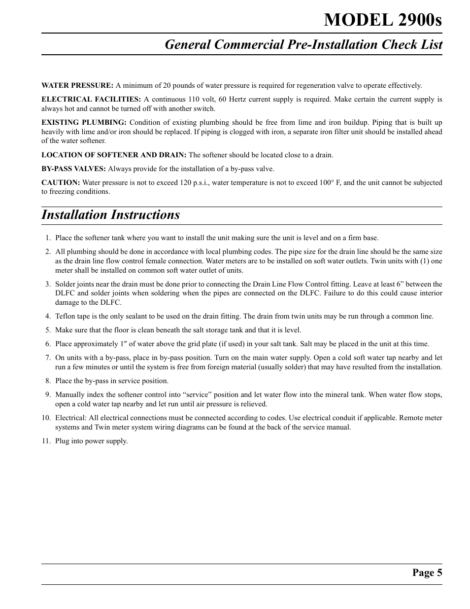 Model 2900s, General commercial pre-installation check list, Installation instructions | Page 5 | Watts Fleck 2900 Brass Valve User Manual | Page 5 / 60