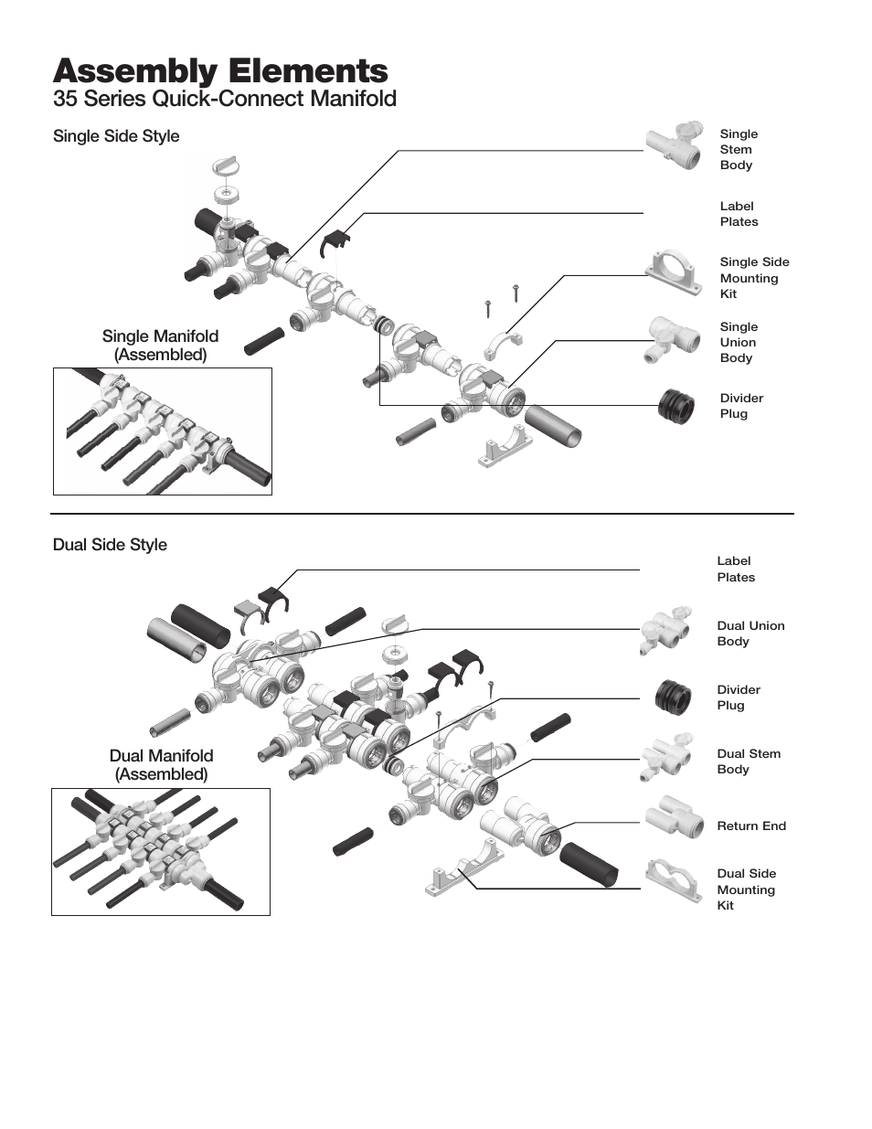Assembly elements, 35 series quick-connect manifold, Single side style single manifold (assembled) | Dual side style dual manifold (assembled) | Watts 3591B User Manual | Page 2 / 4