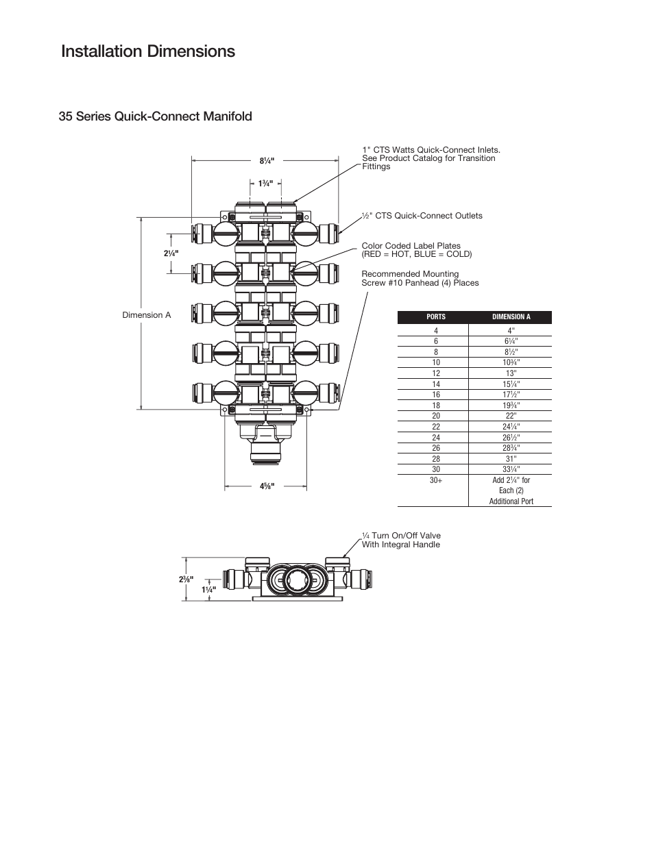 Installation dimensions, 35 series quick-connect manifold | Watts 3591B User Manual | Page 3 / 4