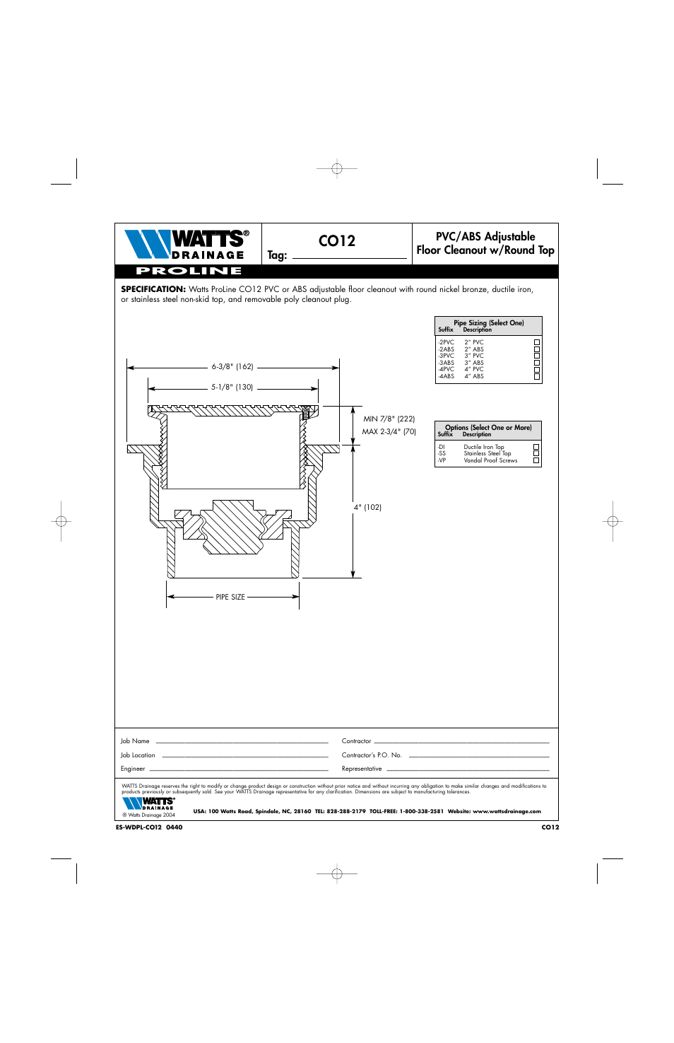 Watts CO12 User Manual | 1 page