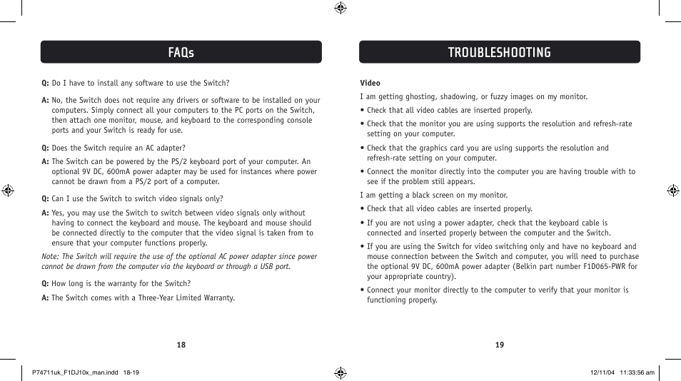 Troubleshooting, Faqs | Belkin F1DJ104P User Manual | Page 11 / 15