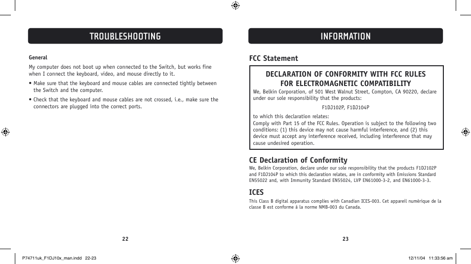 Information, Troubleshooting, Ce declaration of conformity | Ices | Belkin F1DJ104P User Manual | Page 13 / 15