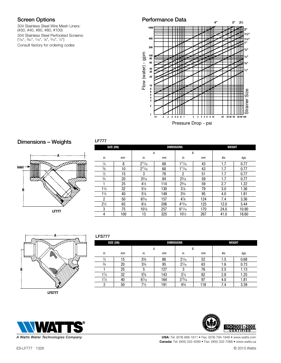 Screen options, Dimensions – weights, Performance data | Strainer size, Flow (water) - gpm pressure drop - psi | Watts LFS777 User Manual | Page 2 / 2