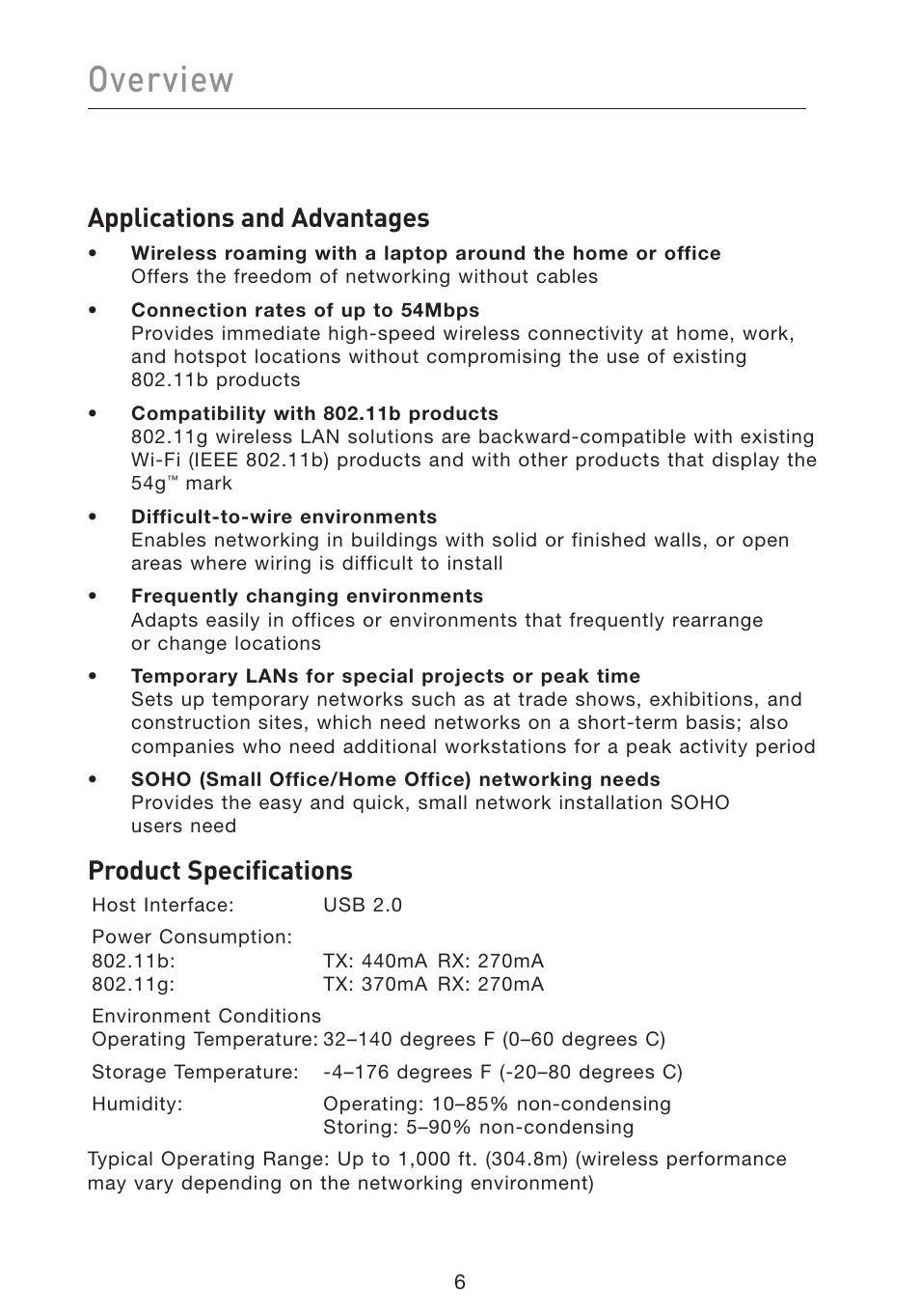 Overview, Applications and advantages, Product specifications | Belkin F5D9050 User Manual | Page 10 / 44
