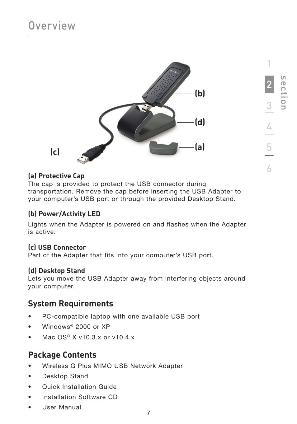 Overview, Se ct io n, System requirements | Package contents, C) (d) | Belkin F5D9050 User Manual | Page 11 / 44