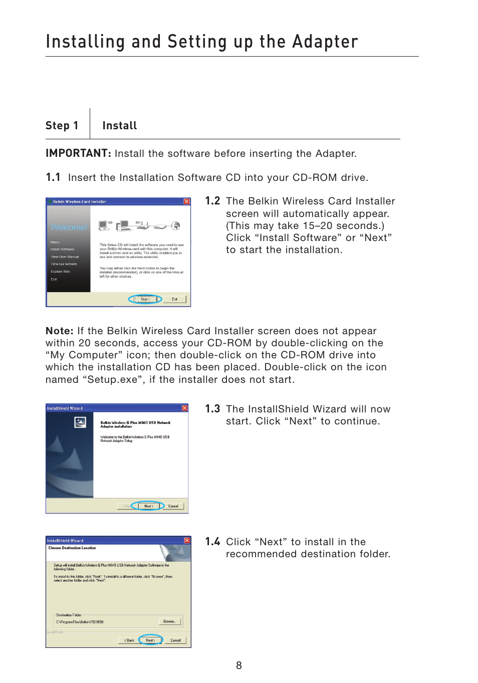 Installing and setting up the adapter | Belkin F5D9050 User Manual | Page 12 / 44