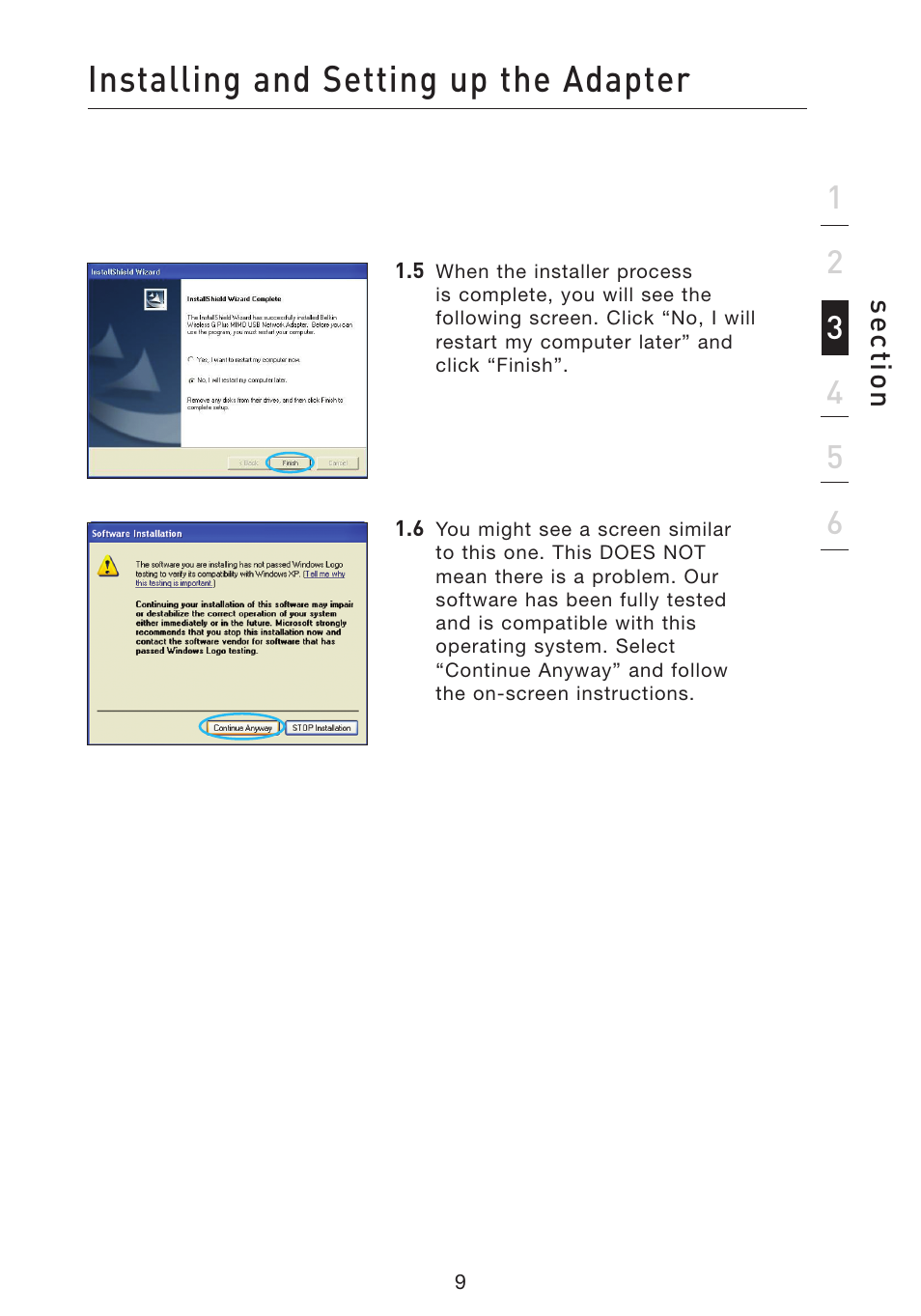 Installing and setting up the adapter | Belkin F5D9050 User Manual | Page 13 / 44