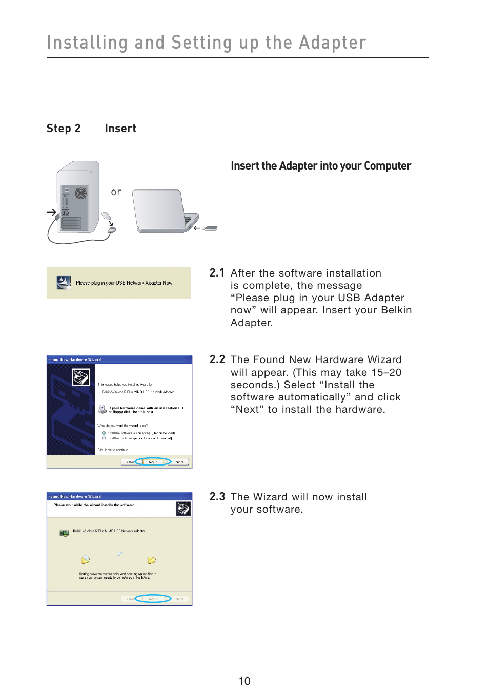 Installing and setting up the adapter | Belkin F5D9050 User Manual | Page 14 / 44