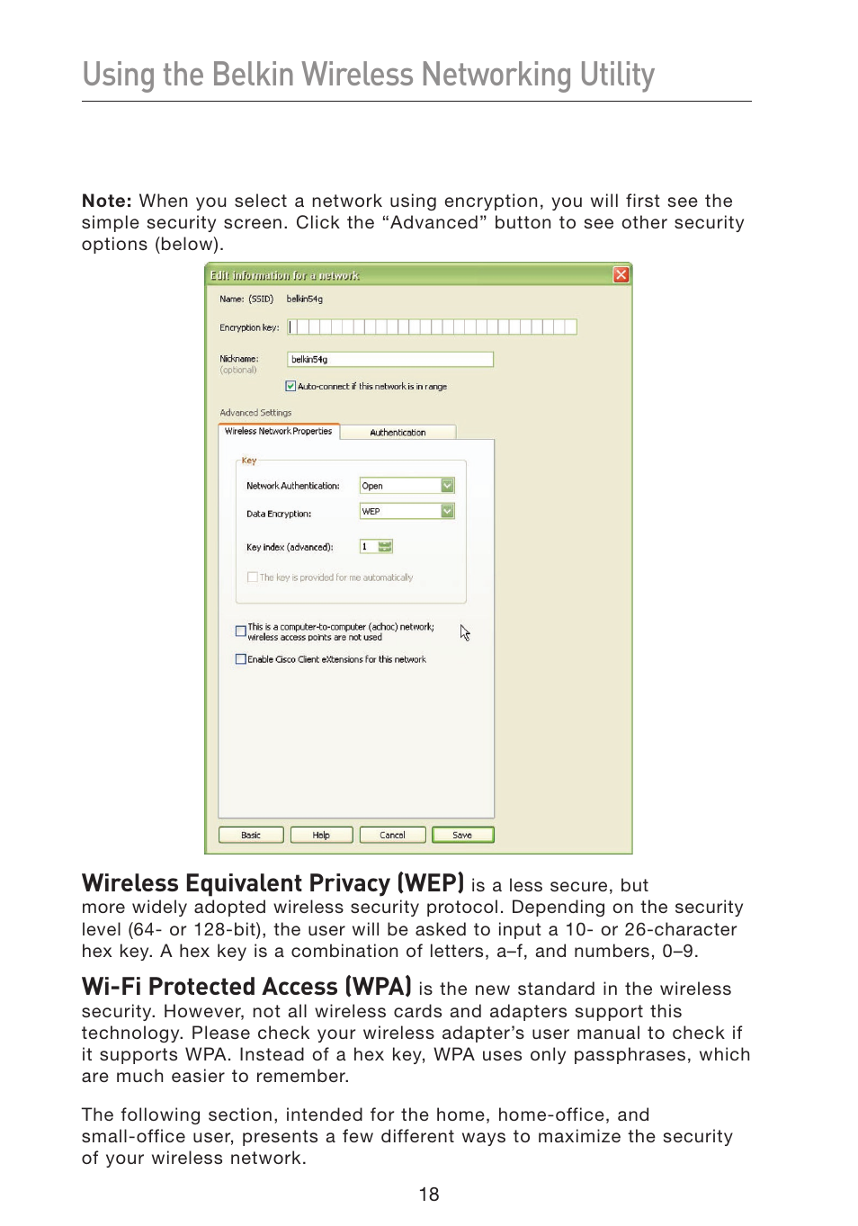 Using the belkin wireless networking utility, Wireless equivalent privacy (wep), Wi-fi protected access (wpa) | Belkin F5D9050 User Manual | Page 22 / 44