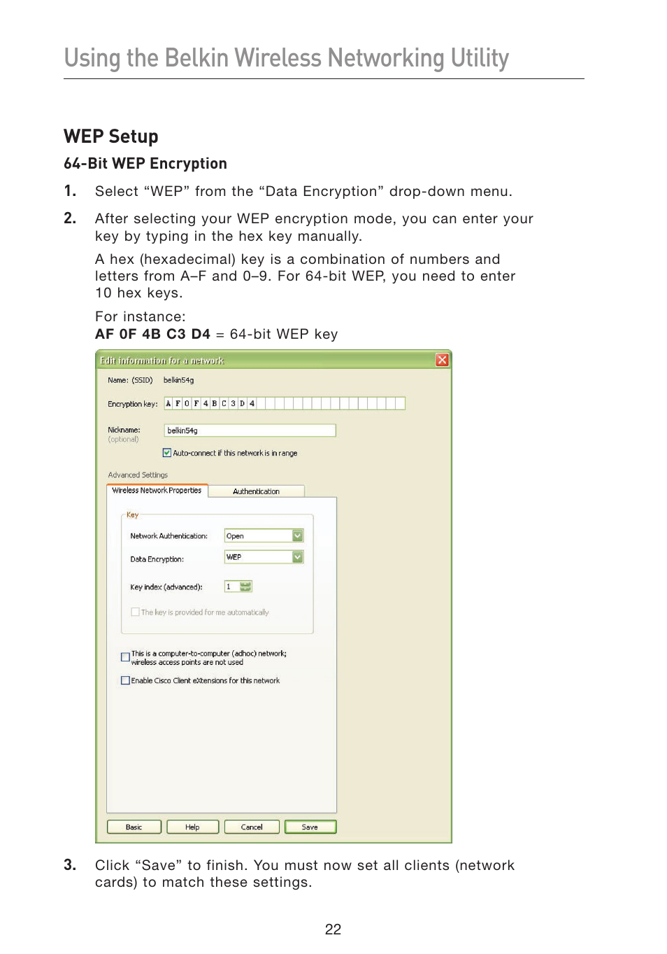 Using the belkin wireless networking utility, Wep setup | Belkin F5D9050 User Manual | Page 26 / 44