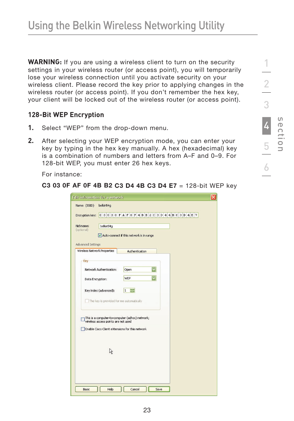 Using the belkin wireless networking utility, Se ct io n | Belkin F5D9050 User Manual | Page 27 / 44
