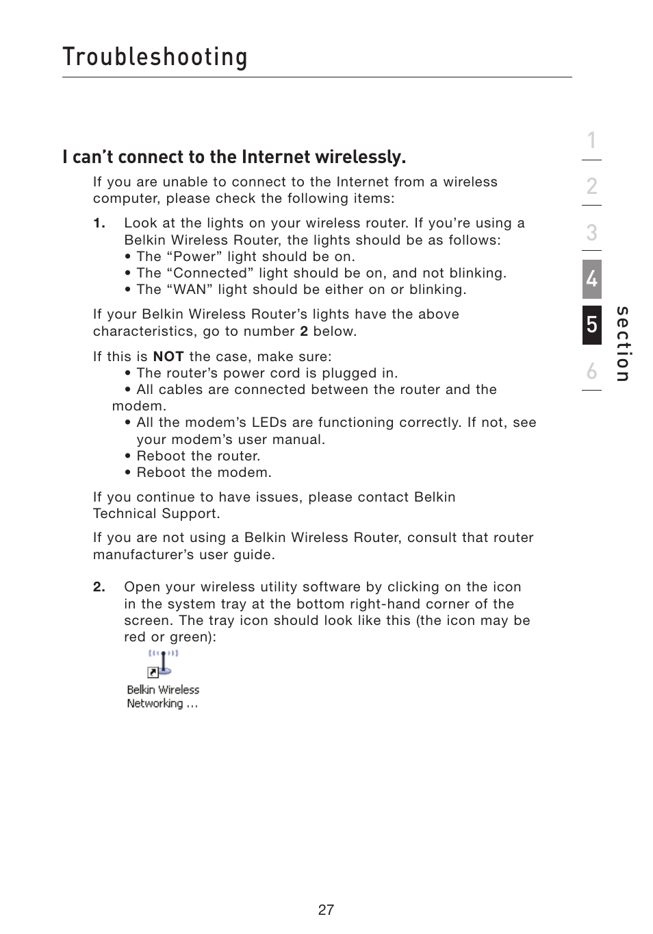 Troubleshooting, Se ct io n | Belkin F5D9050 User Manual | Page 31 / 44