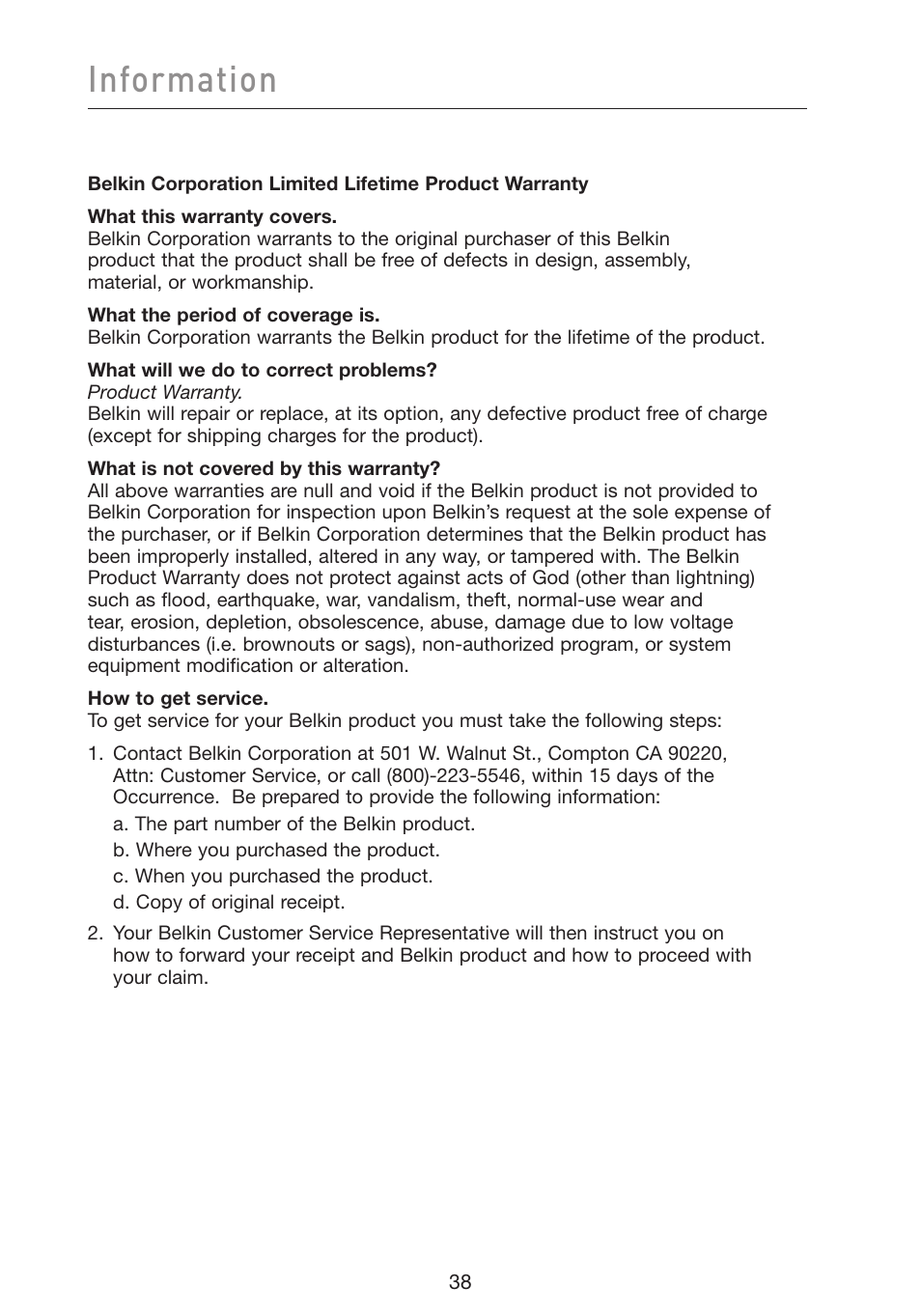 Information | Belkin F5D9050 User Manual | Page 42 / 44