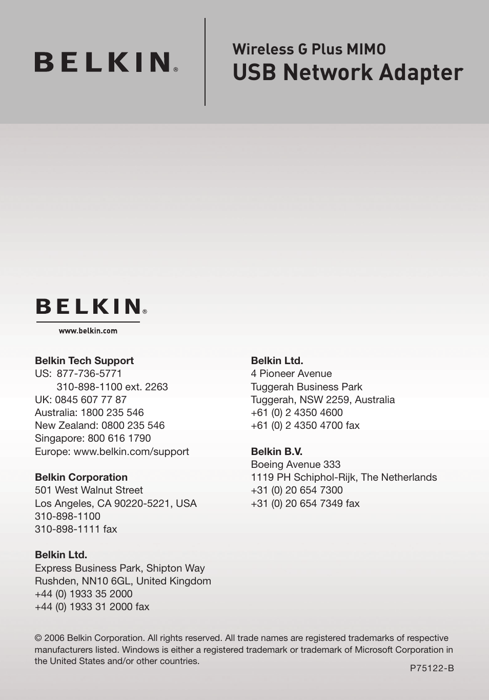 Usb network adapter, Wireless g plus mimo | Belkin F5D9050 User Manual | Page 44 / 44