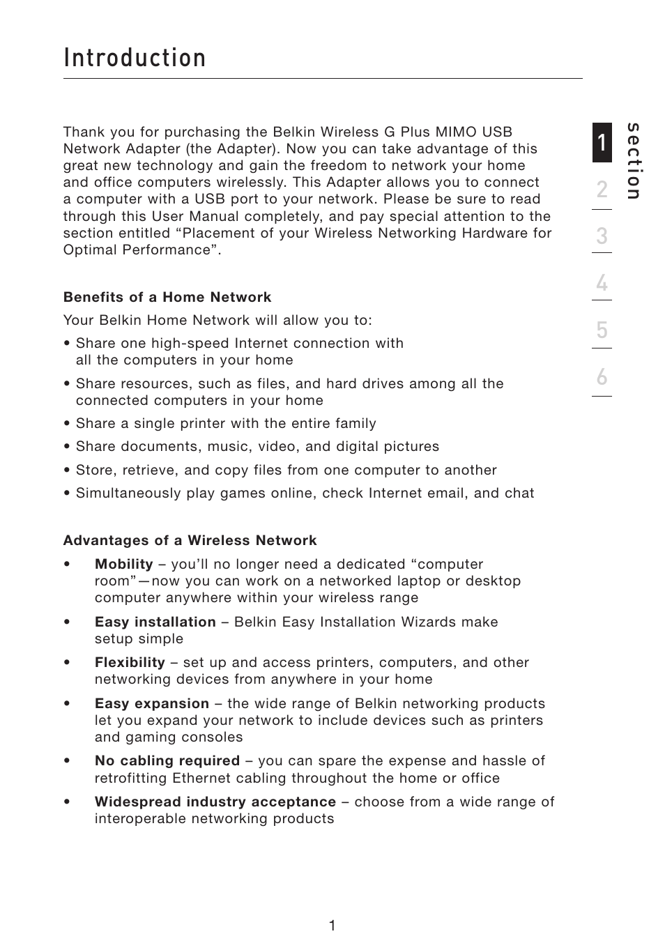 Introduction, Se ct io n | Belkin F5D9050 User Manual | Page 5 / 44