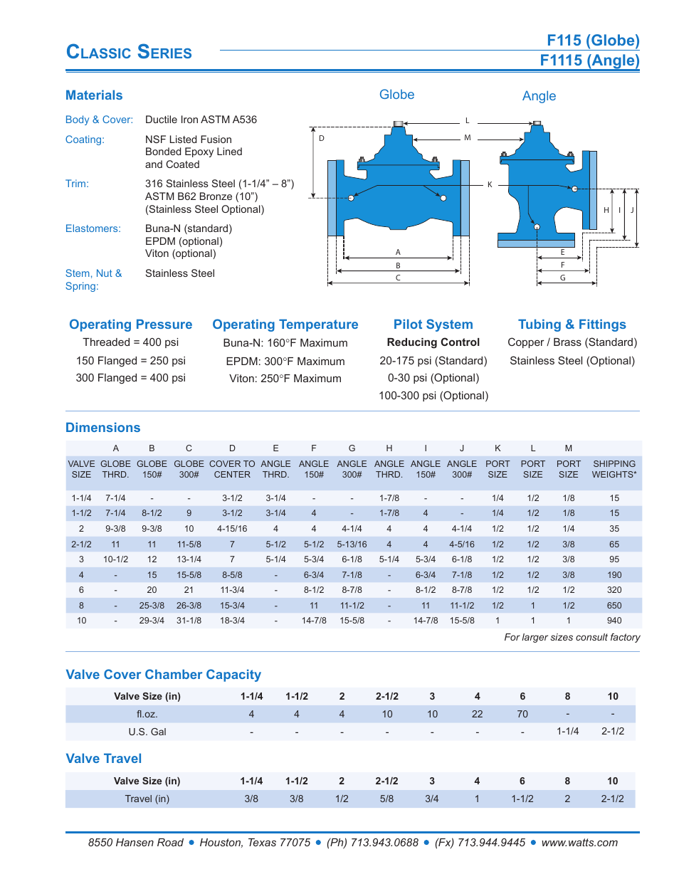 Lassic, Eries, Materials | Globe angle | Watts F1115 User Manual | Page 2 / 7